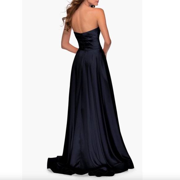 NEW LA FEMME Navy STRAPLESS Sweetheart PLEATED Satin HIGH SLIT Evening BALL GOWN - Picture 11 of 16